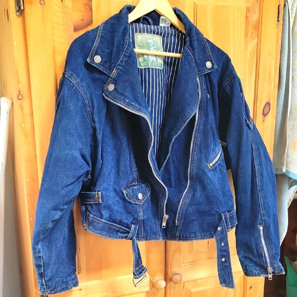 Vintage Blue Denim Bomber Jacket Womens Size L By Authentic Gold Rush